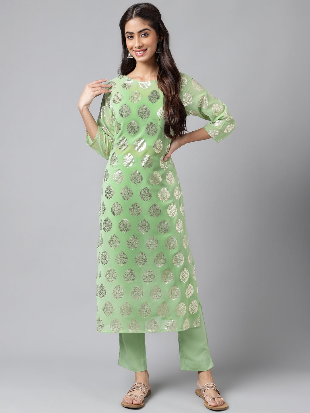 Indian Clothing Janasya Women's Light Green Georgette Foil Printed Straight Festive Kurta Set | Grocsy
