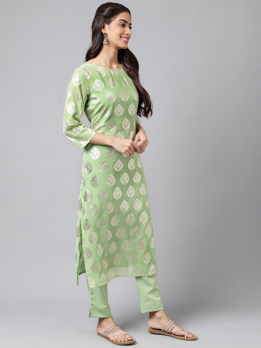 Indian Clothing Janasya Women's Light Green Georgette Foil Printed Straight Festive Kurta Set | Grocsy