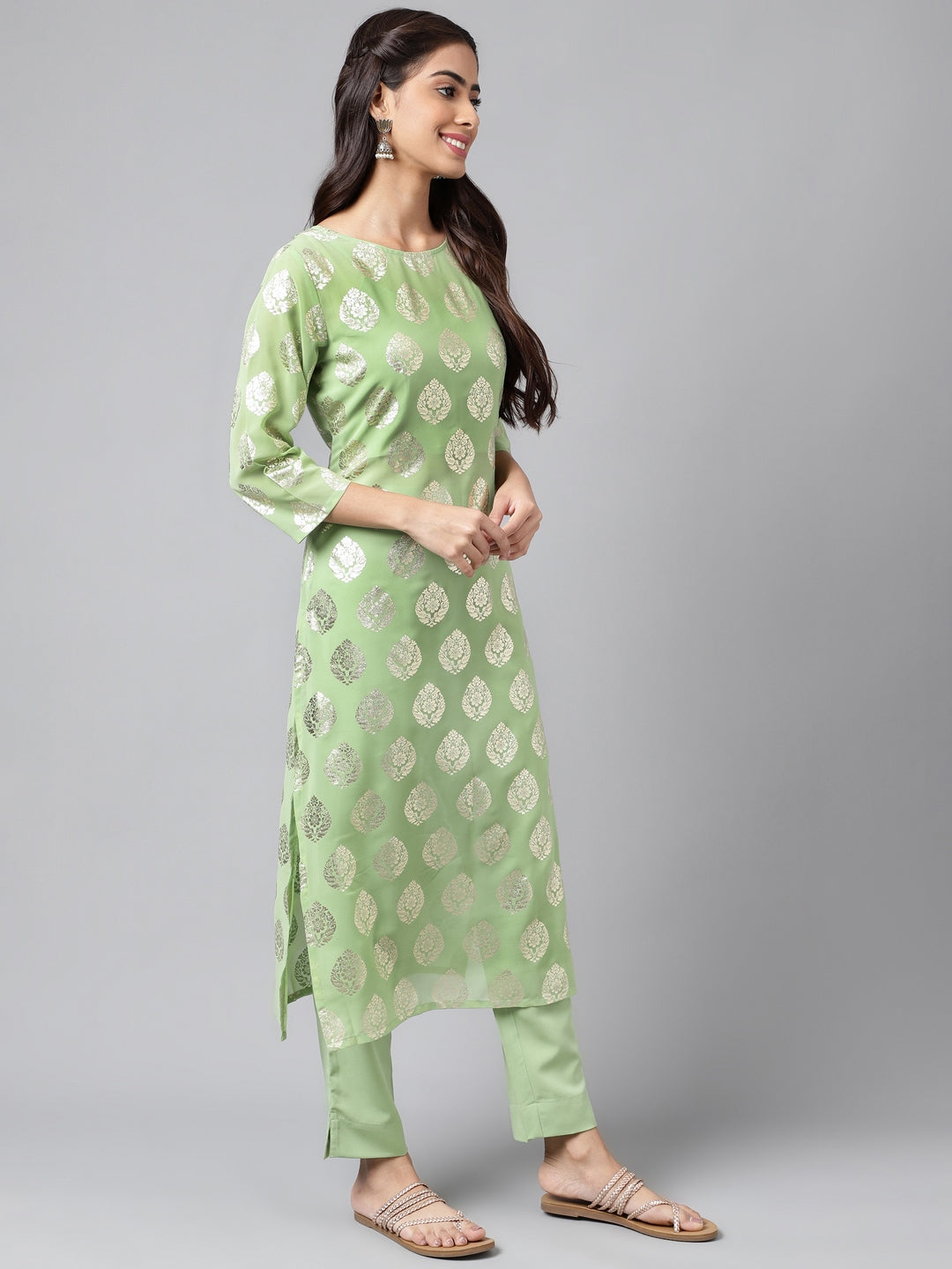 Indian Clothing Janasya Women's Light Green Georgette Foil Printed Straight Festive Kurta Set | Grocsy