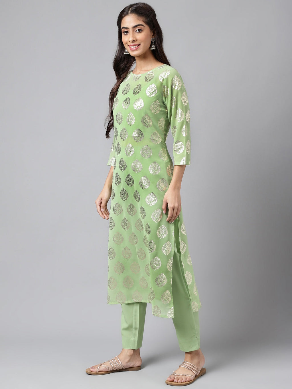 Indian Clothing Janasya Women's Light Green Georgette Foil Printed Straight Festive Kurta Set | Grocsy