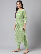 Indian Clothing Janasya Women's Light Green Georgette Foil Printed Straight Festive Kurta Set | Grocsy