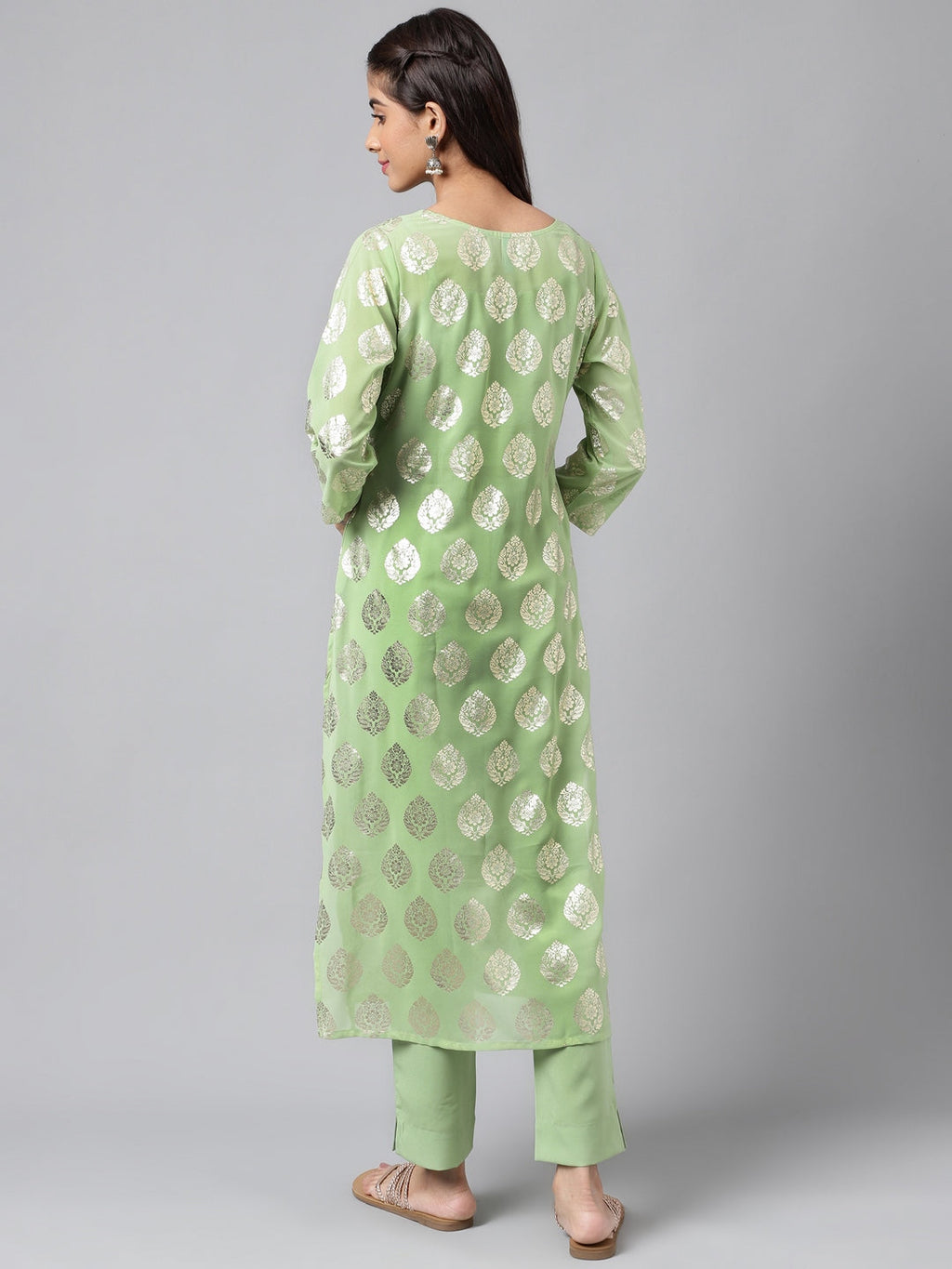 Indian Clothing Janasya Women's Light Green Georgette Foil Printed Straight Festive Kurta Set | Grocsy