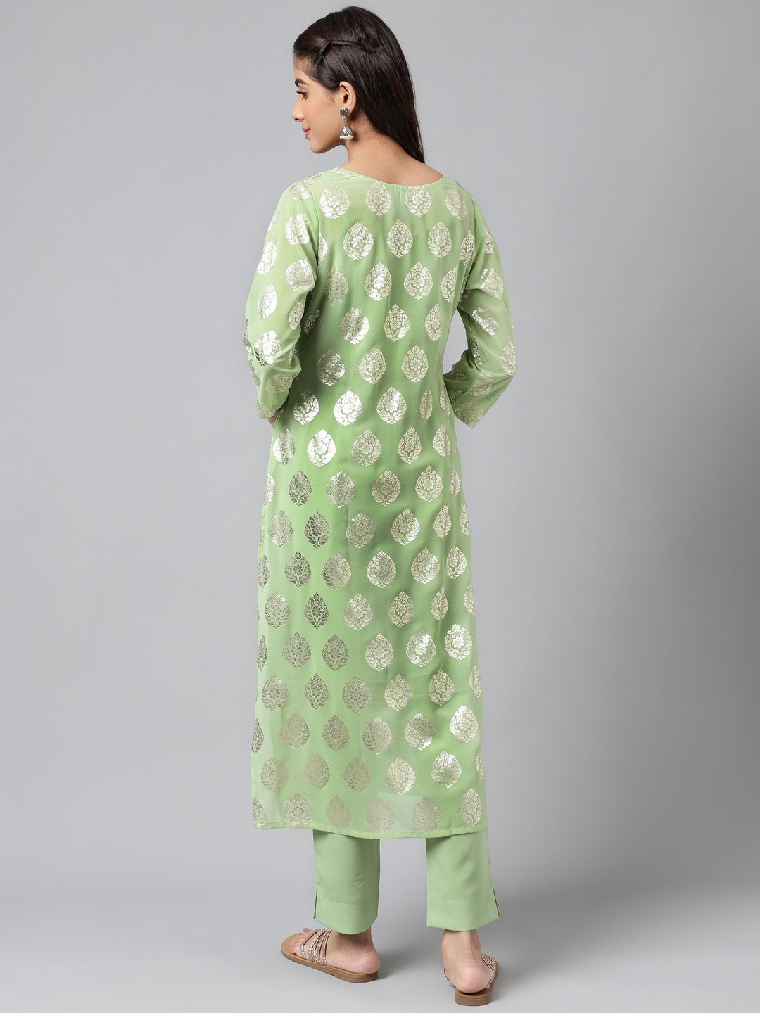 Indian Clothing Janasya Women's Light Green Georgette Foil Printed Straight Festive Kurta Set | Grocsy