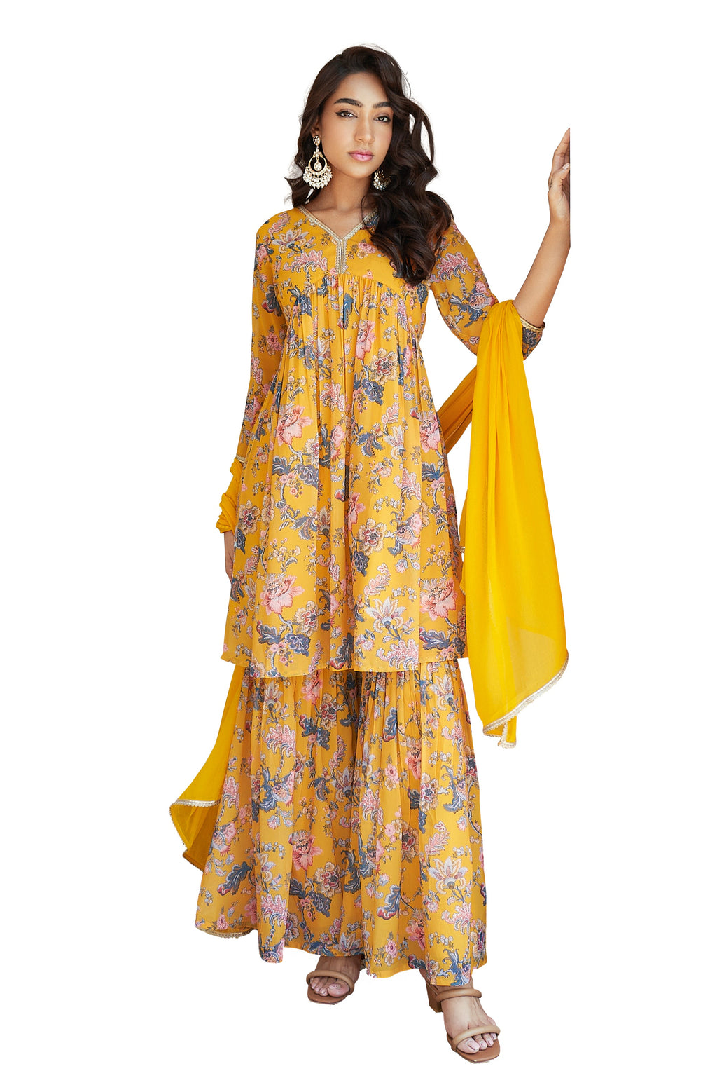 Janasya Yellow Georgette Digital Floral Printed Set | Grocsy