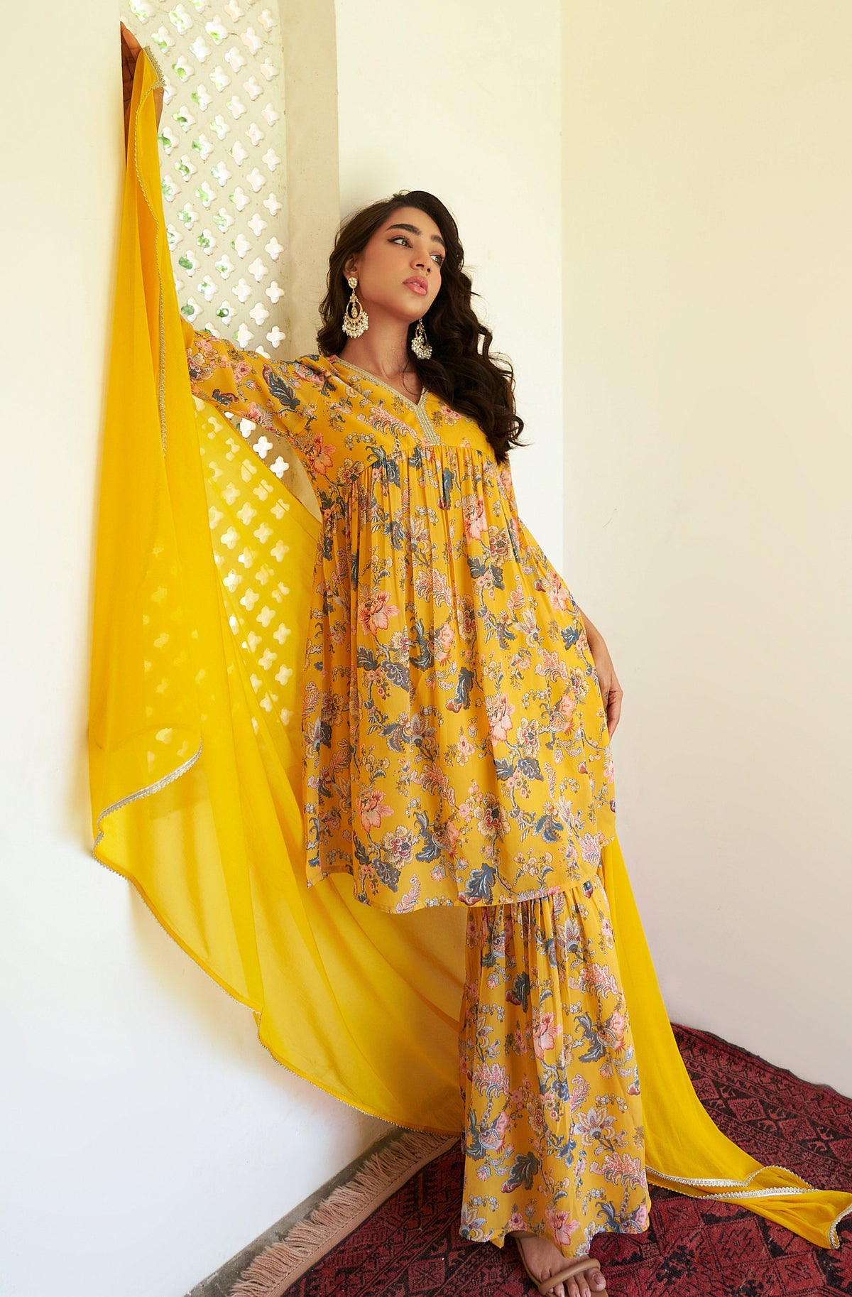 Janasya Yellow Georgette Digital Floral Printed Set | Grocsy