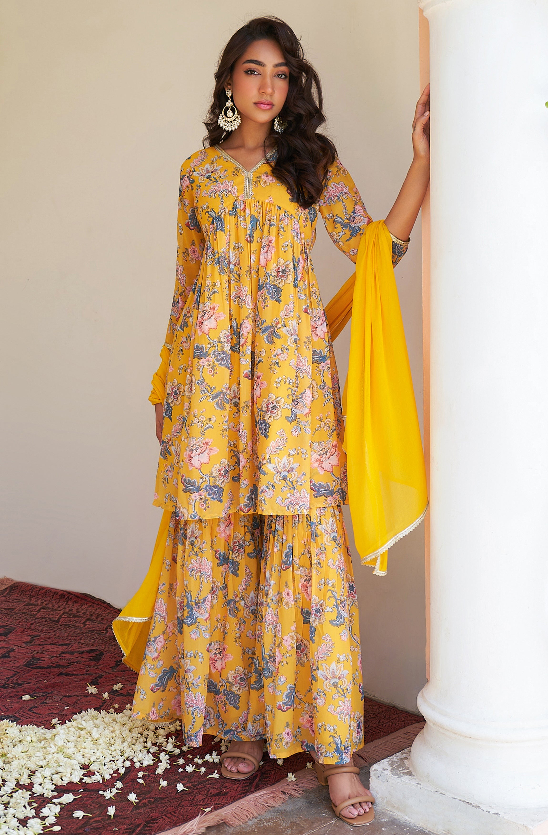 Janasya Yellow Georgette Digital Floral Printed Set | Grocsy