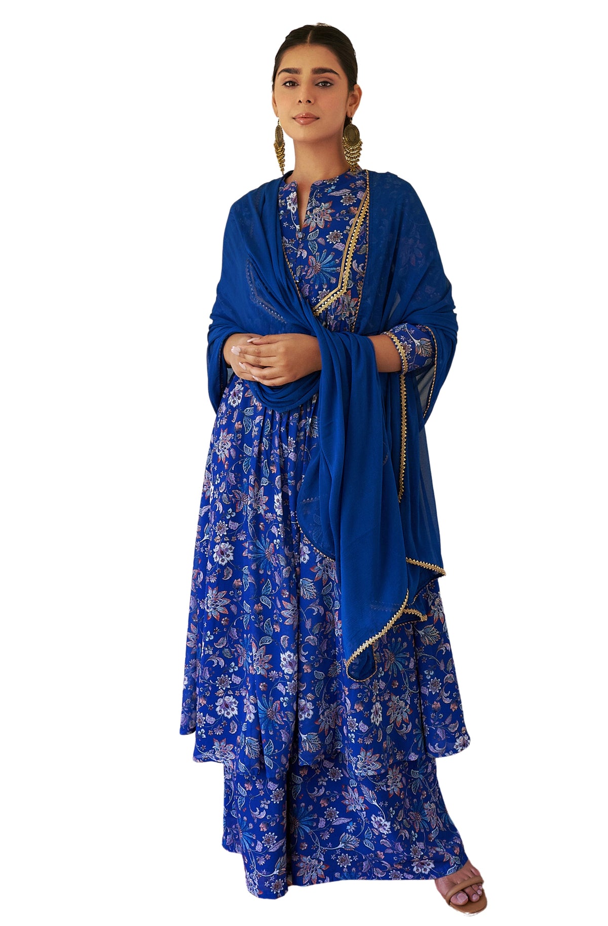 Janasya Dark Teal Blue Georgette Digital Floral Printed Set | Grocsy