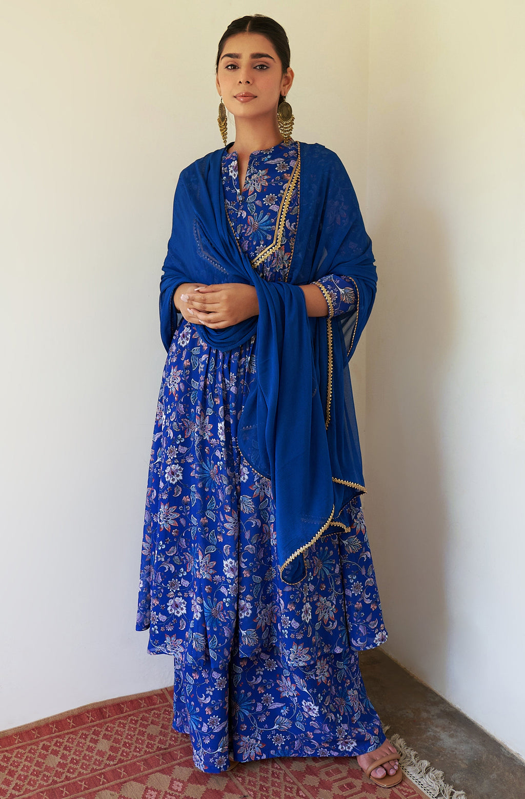 Janasya Dark Teal Blue Georgette Digital Floral Printed Set | Grocsy