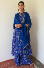 Janasya Dark Teal Blue Georgette Digital Floral Printed Set | Grocsy