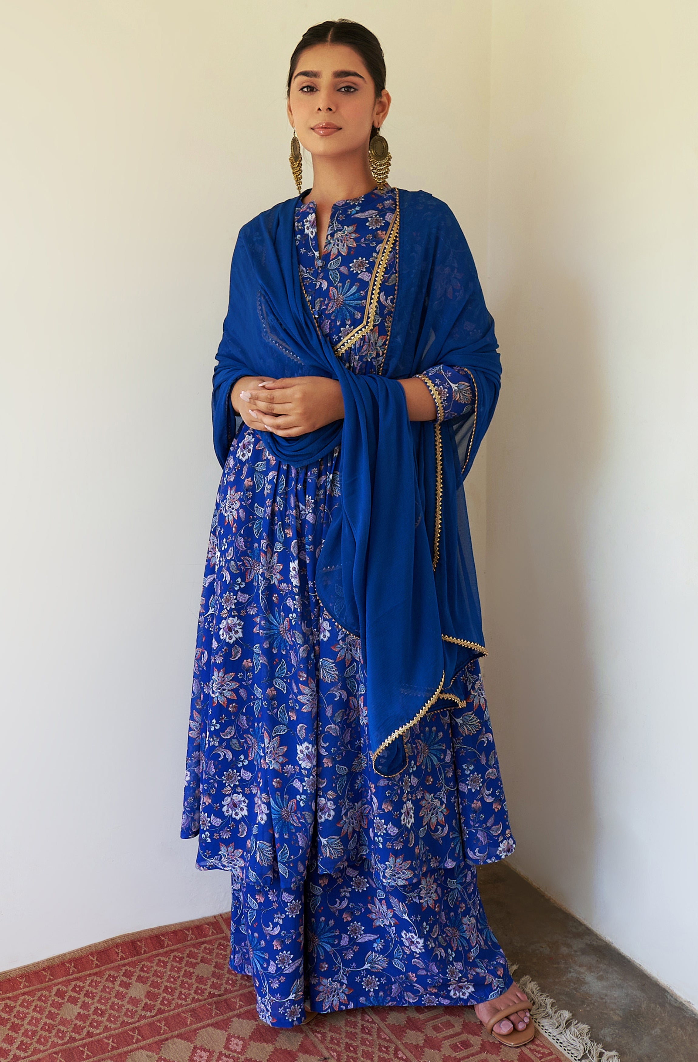Janasya Dark Teal Blue Georgette Digital Floral Printed Set | Grocsy