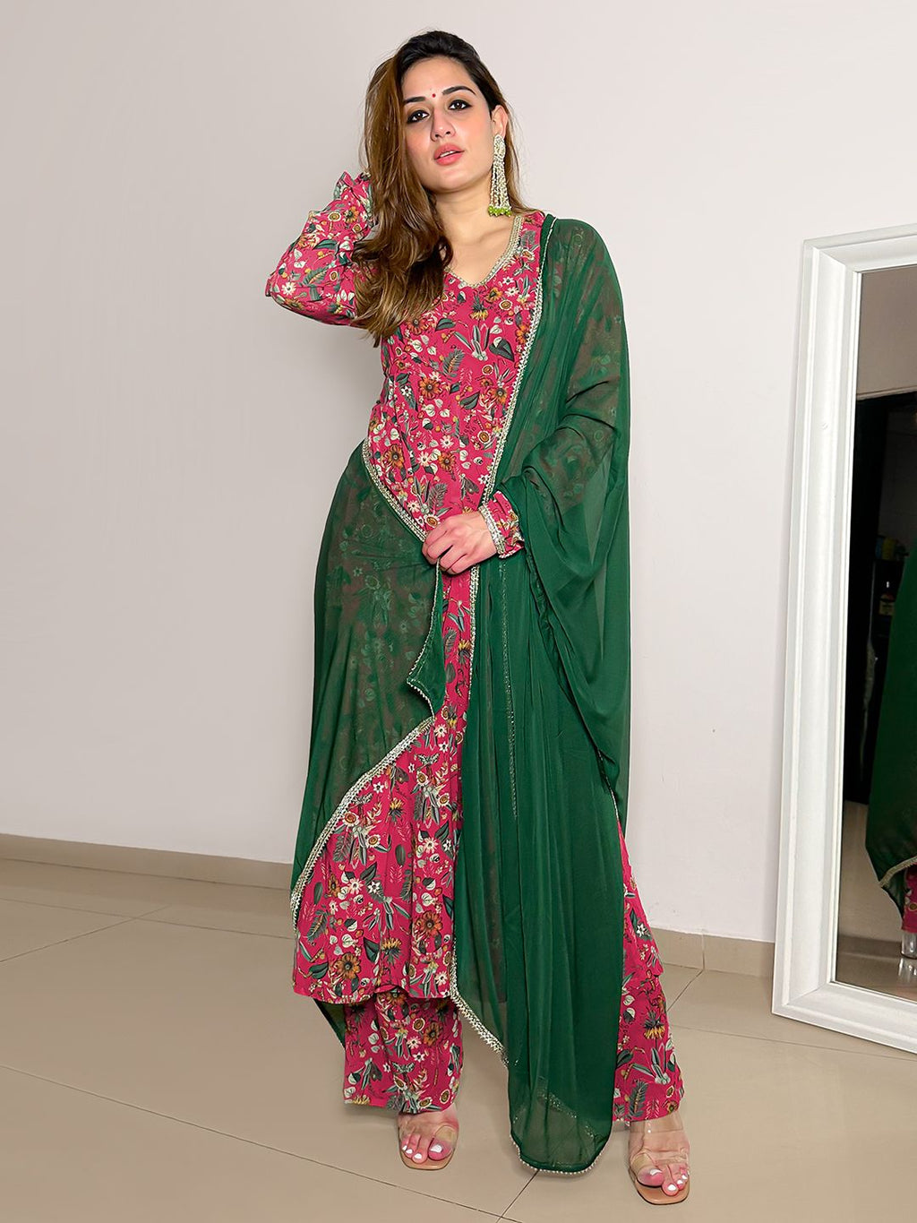 Janasya Pink Georgette Digital Floral Printed Set | Grocsy