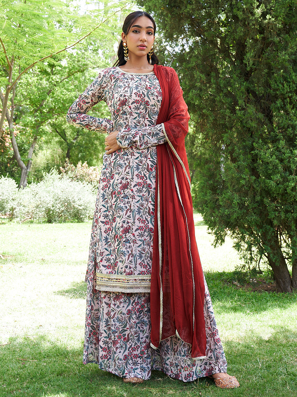 Janasya Beige Georgette Digital Floral Printed Set | Grocsy