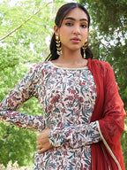 Janasya Beige Georgette Digital Floral Printed Set | Grocsy