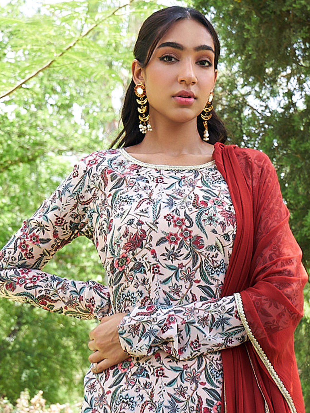 Janasya Beige Georgette Digital Floral Printed Set | Grocsy