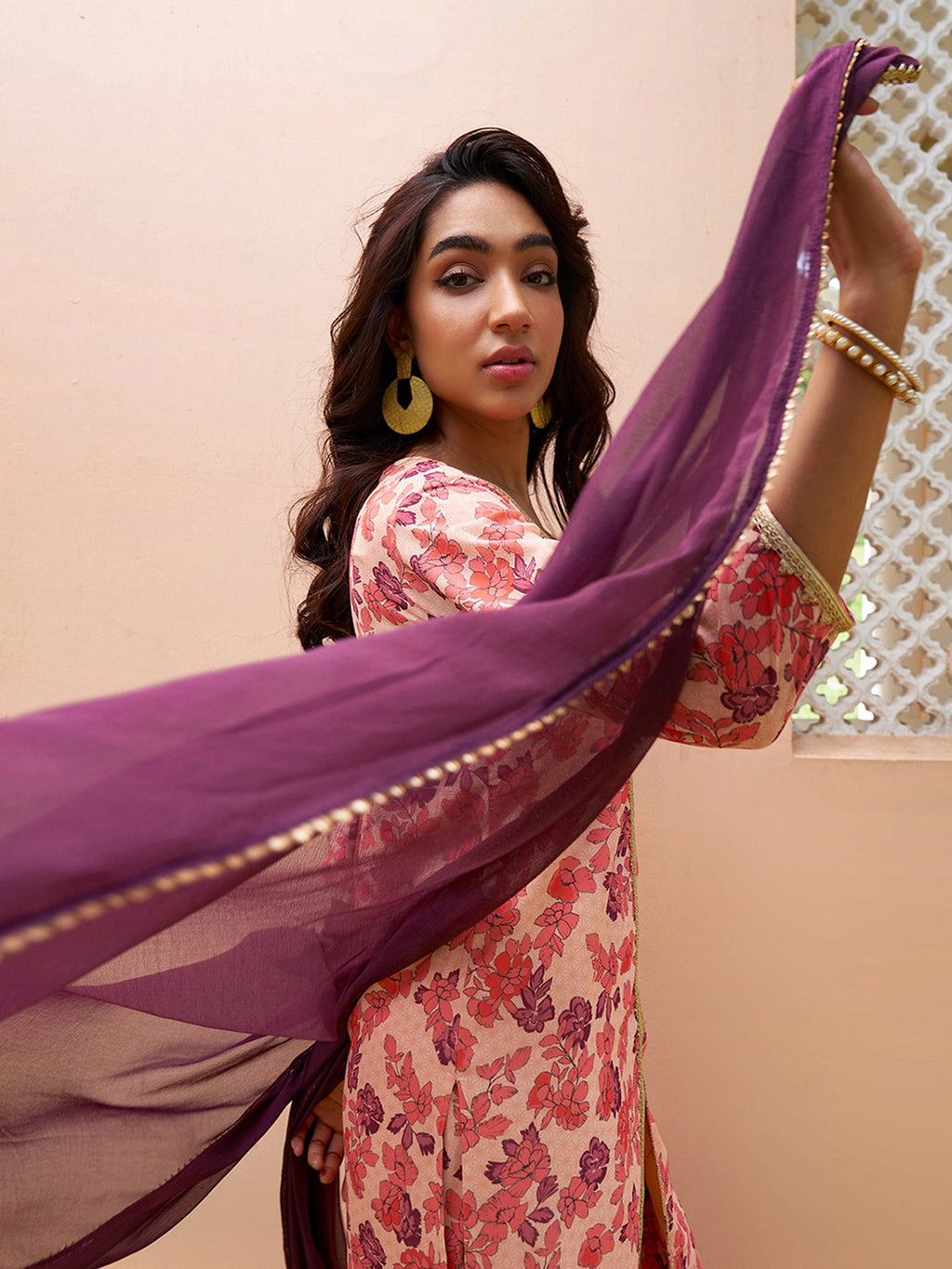 Janasya Peach Georgette Digital Floral Printed Set | Grocsy