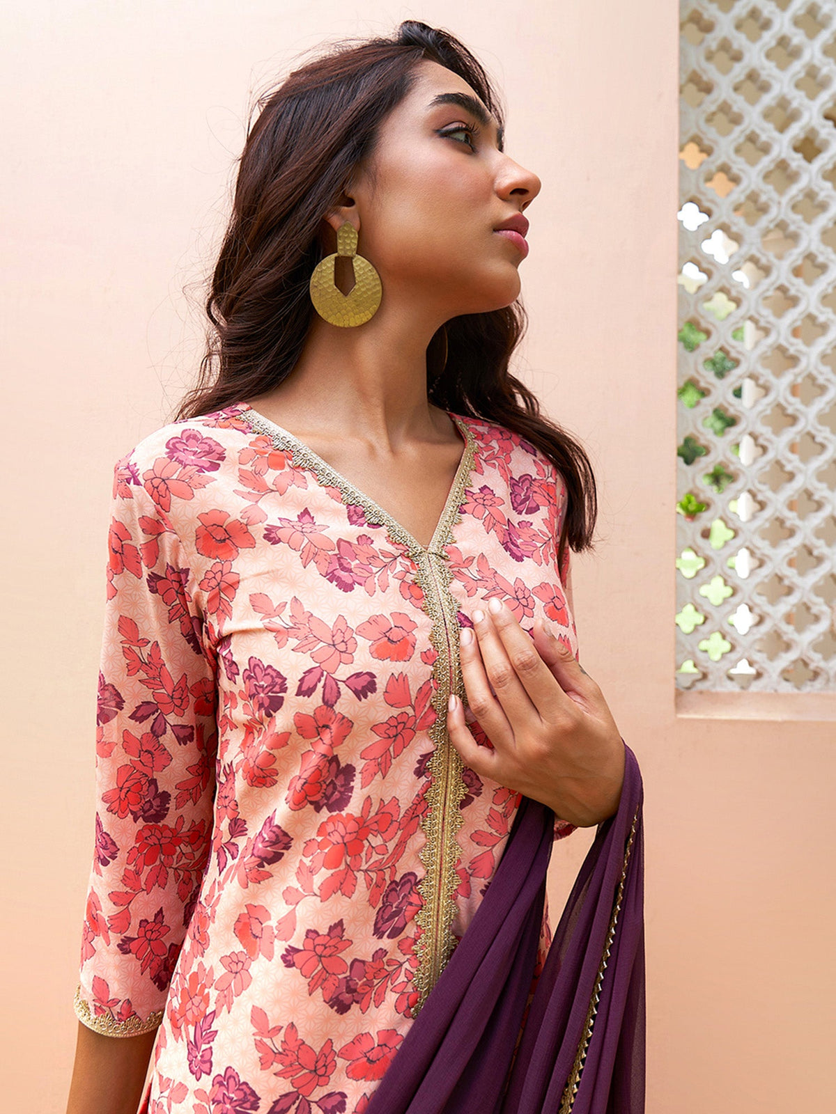 Janasya Peach Georgette Digital Floral Printed Set | Grocsy