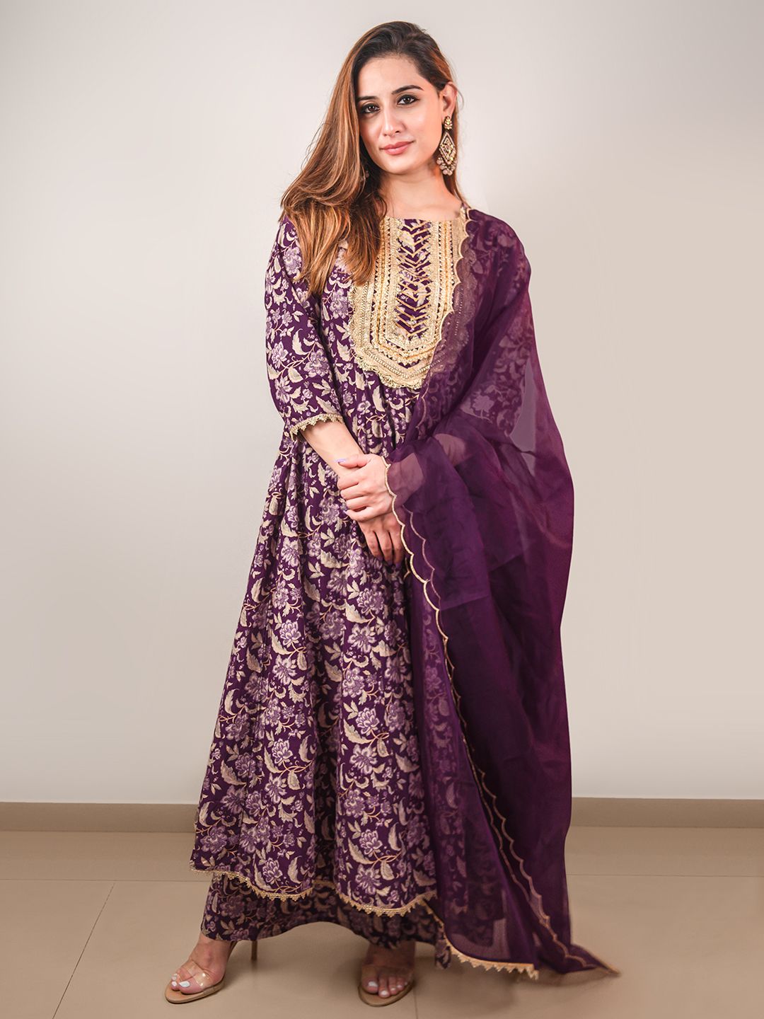 Janasya Violet Cotton Floral Printed Set | Grocsy
