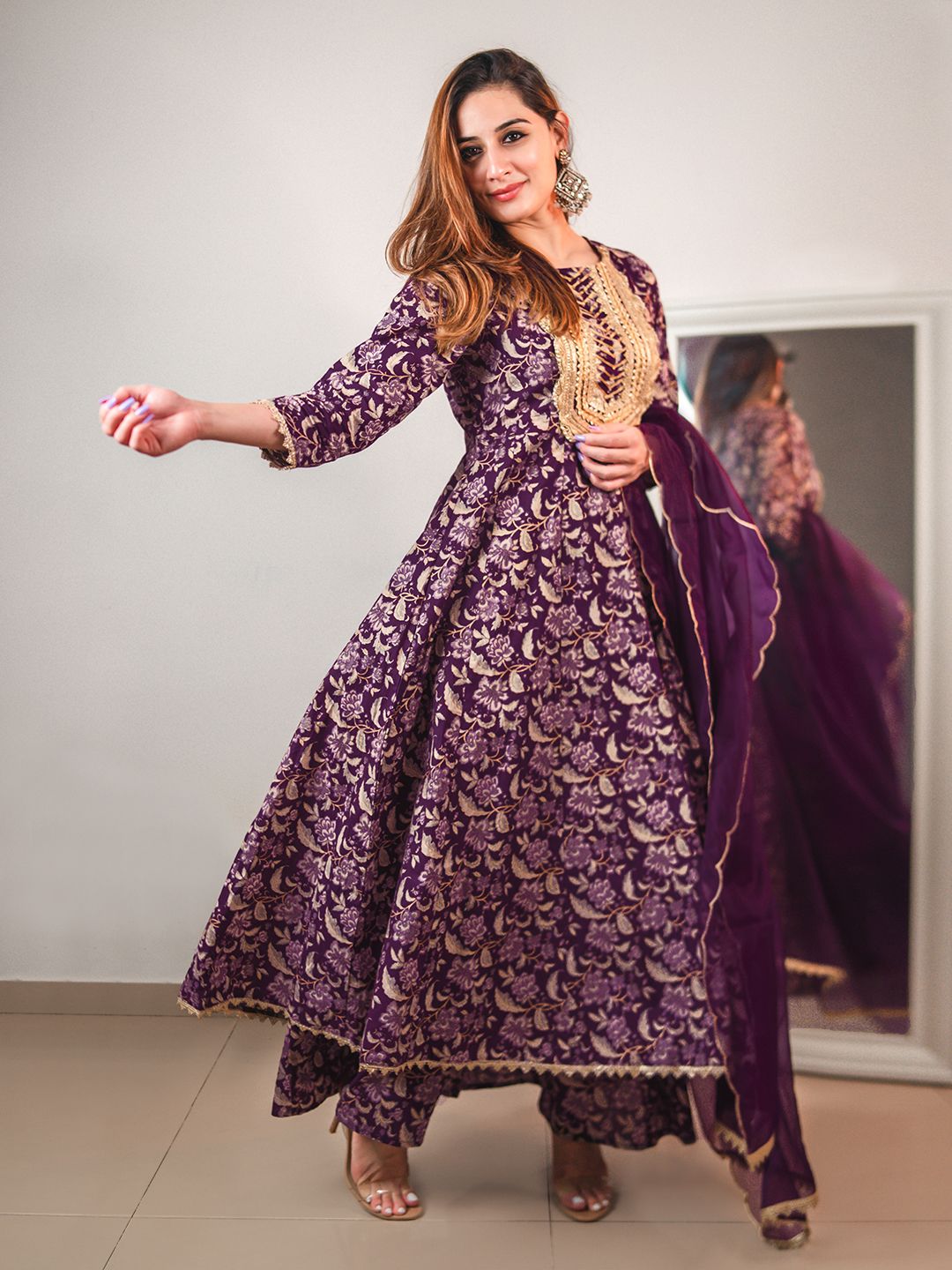 Janasya Violet Cotton Floral Printed Set | Grocsy