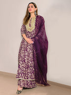 Janasya Violet Cotton Floral Printed Set | Grocsy