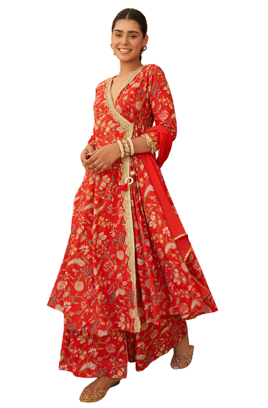 Janasya Red Cotton Floral Printed Set | Grocsy