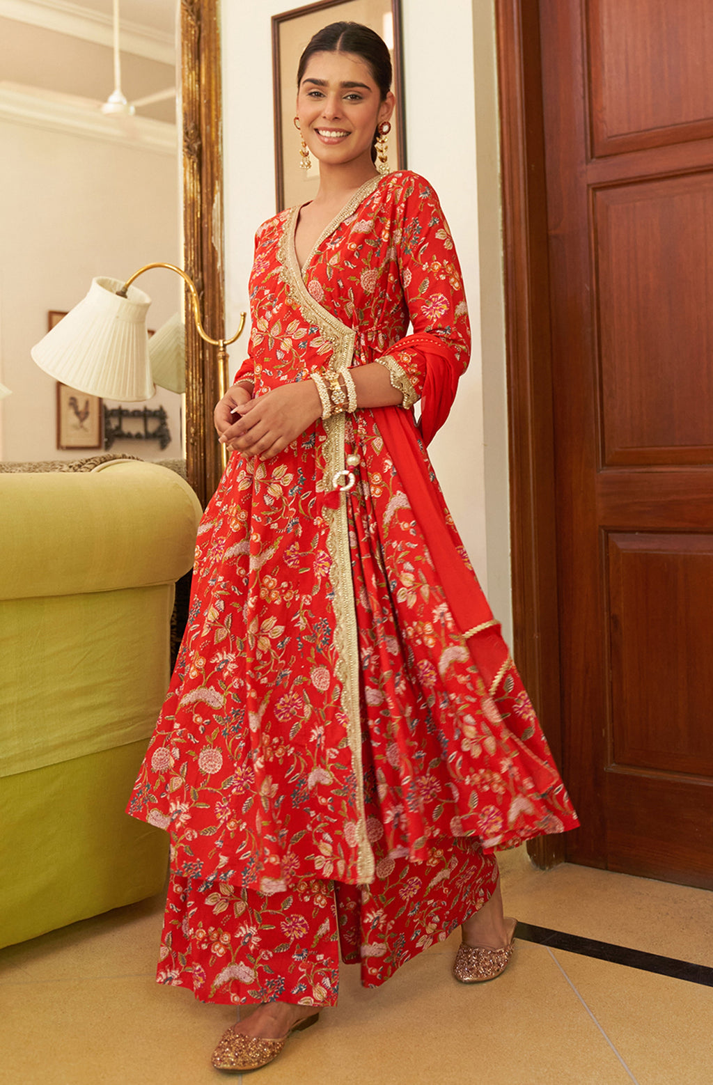 Janasya Red Cotton Floral Printed Set | Grocsy