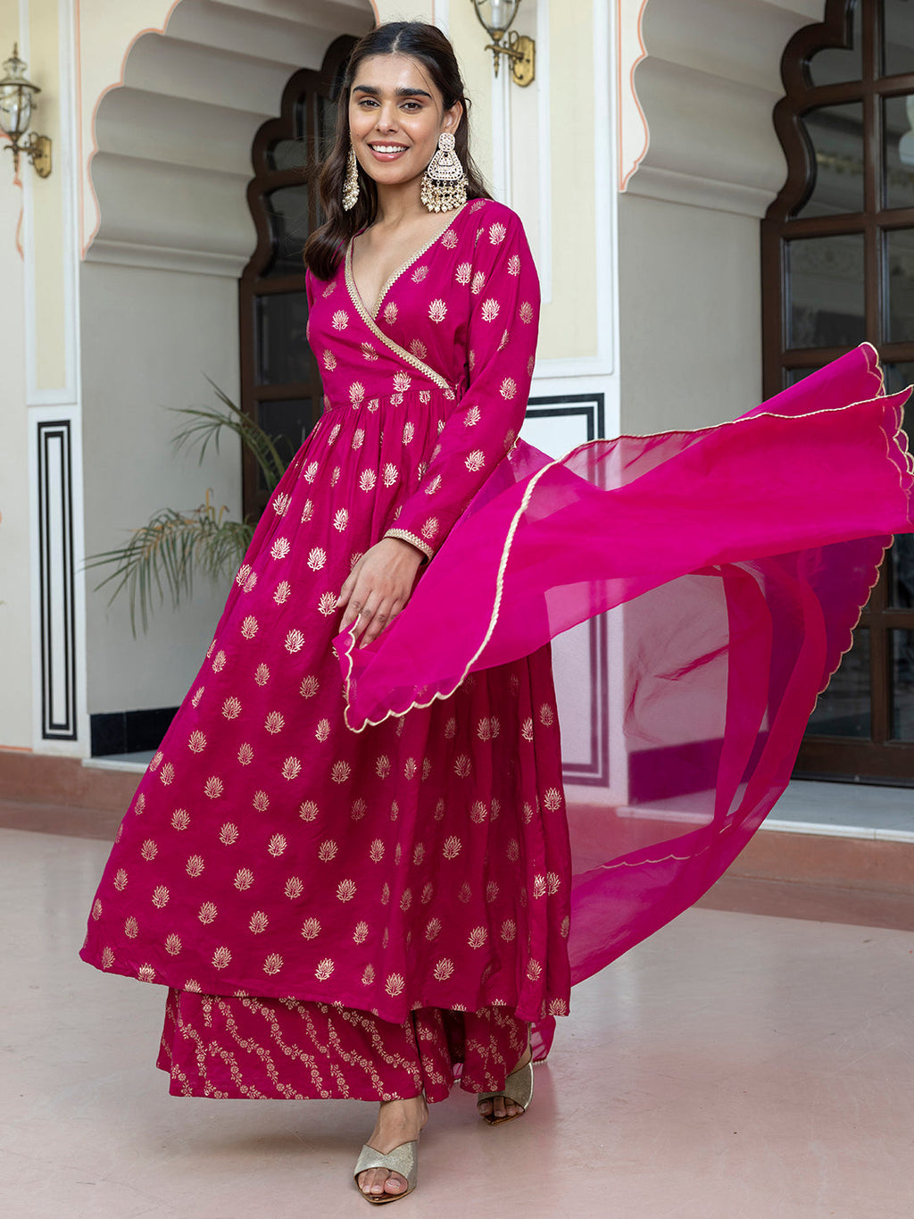 Janasya Women's Pink Brocade Woven Design Festive Angrakha Kurta Set | Grocsy