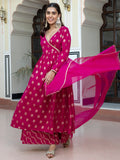 Janasya Women's Pink Brocade Woven Design Festive Angrakha Kurta Set | Grocsy