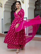 Janasya Women's Pink Brocade Woven Design Festive Angrakha Kurta Set | Grocsy