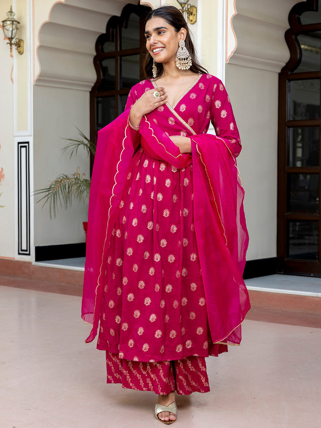 Janasya Women's Pink Brocade Woven Design Festive Angrakha Kurta Set | Grocsy