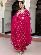 Janasya Women's Pink Brocade Woven Design Festive Angrakha Kurta Set | Grocsy