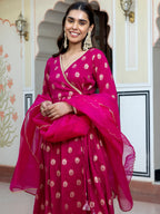 Janasya Women's Pink Brocade Woven Design Festive Angrakha Kurta Set | Grocsy