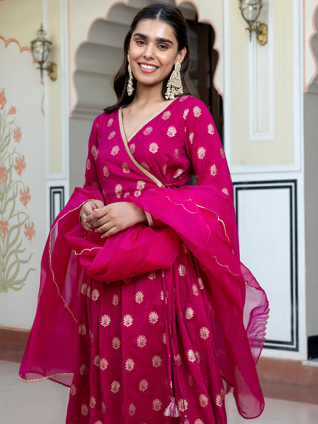 Janasya Women's Pink Brocade Woven Design Festive Angrakha Kurta Set | Grocsy