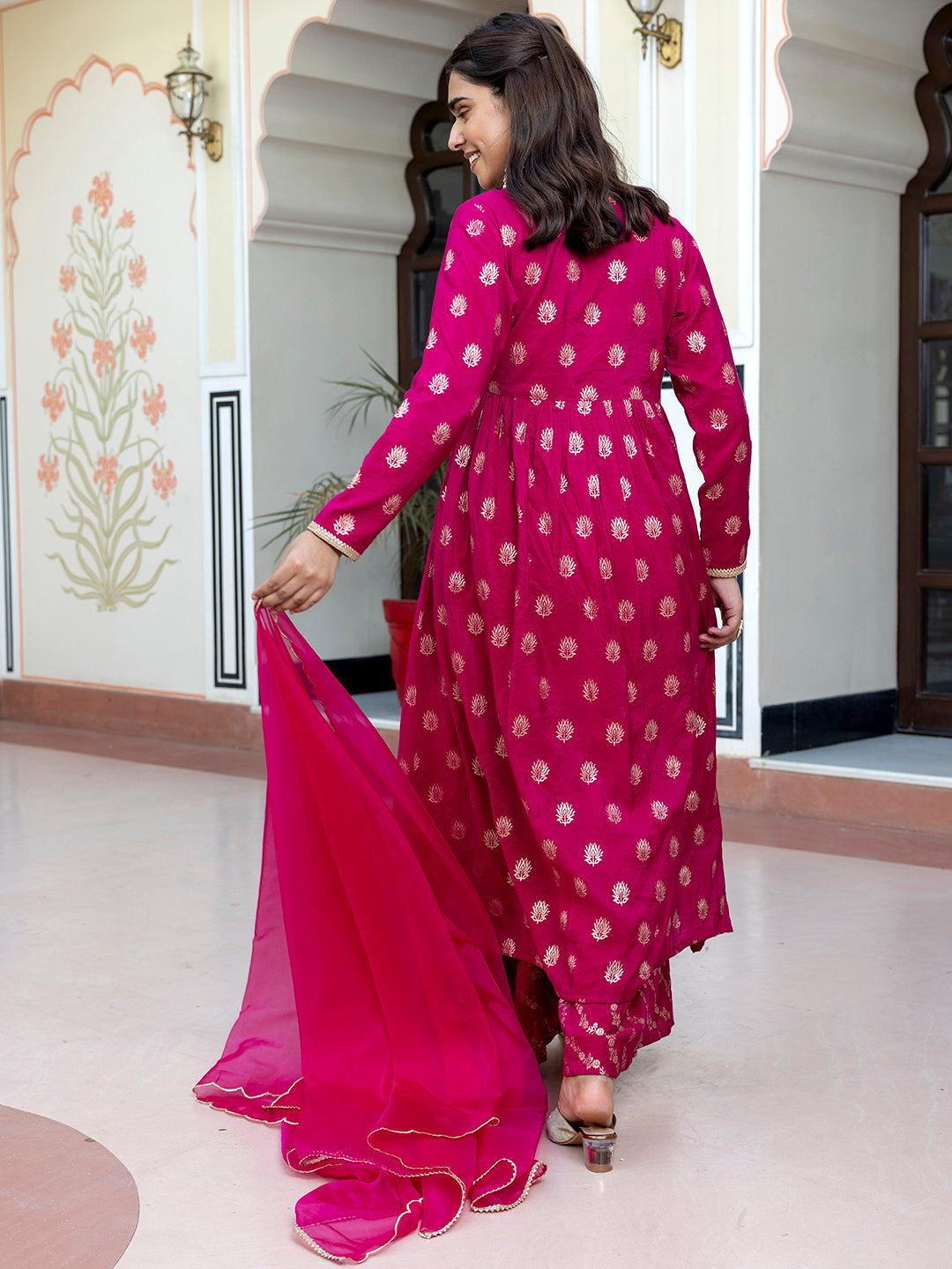 Janasya Women's Pink Brocade Woven Design Festive Angrakha Kurta Set | Grocsy