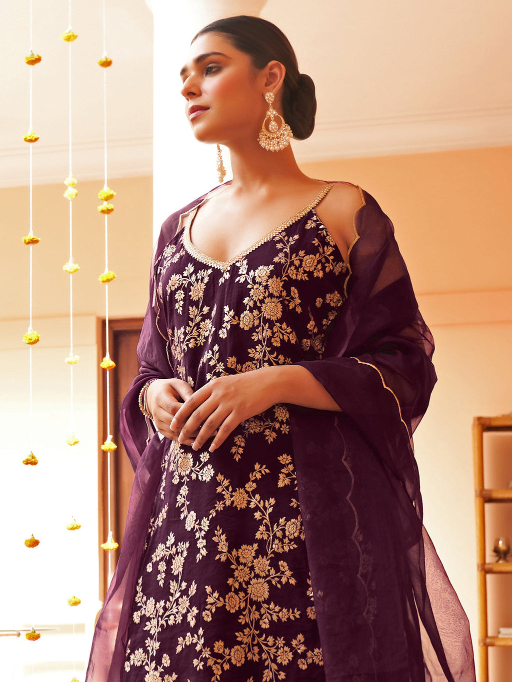 Janasya Women's Purple Brocade Woven Design Festive Straight Kurta Set | Grocsy