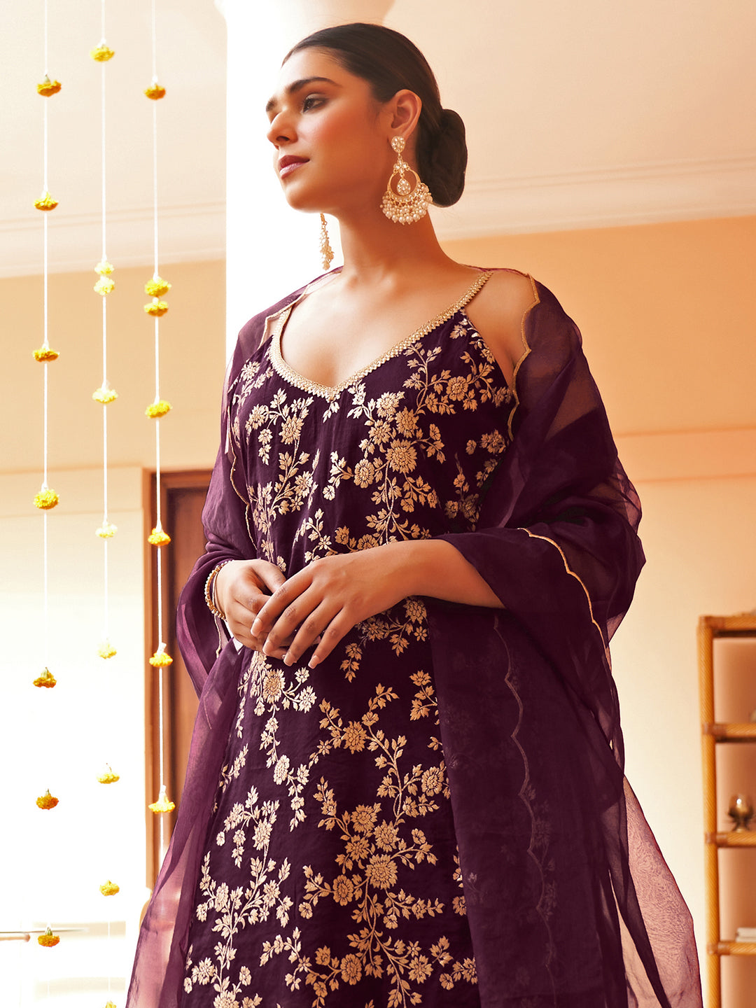 Janasya Women's Purple Brocade Woven Design Festive Straight Kurta Set | Grocsy