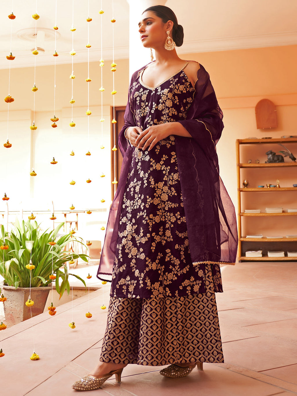 Janasya Women's Purple Brocade Woven Design Festive Straight Kurta Set | Grocsy