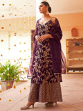 Janasya Women's Purple Brocade Woven Design Festive Straight Kurta Set | Grocsy