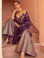 Janasya Women's Purple Brocade Woven Design Festive Straight Kurta Set | Grocsy