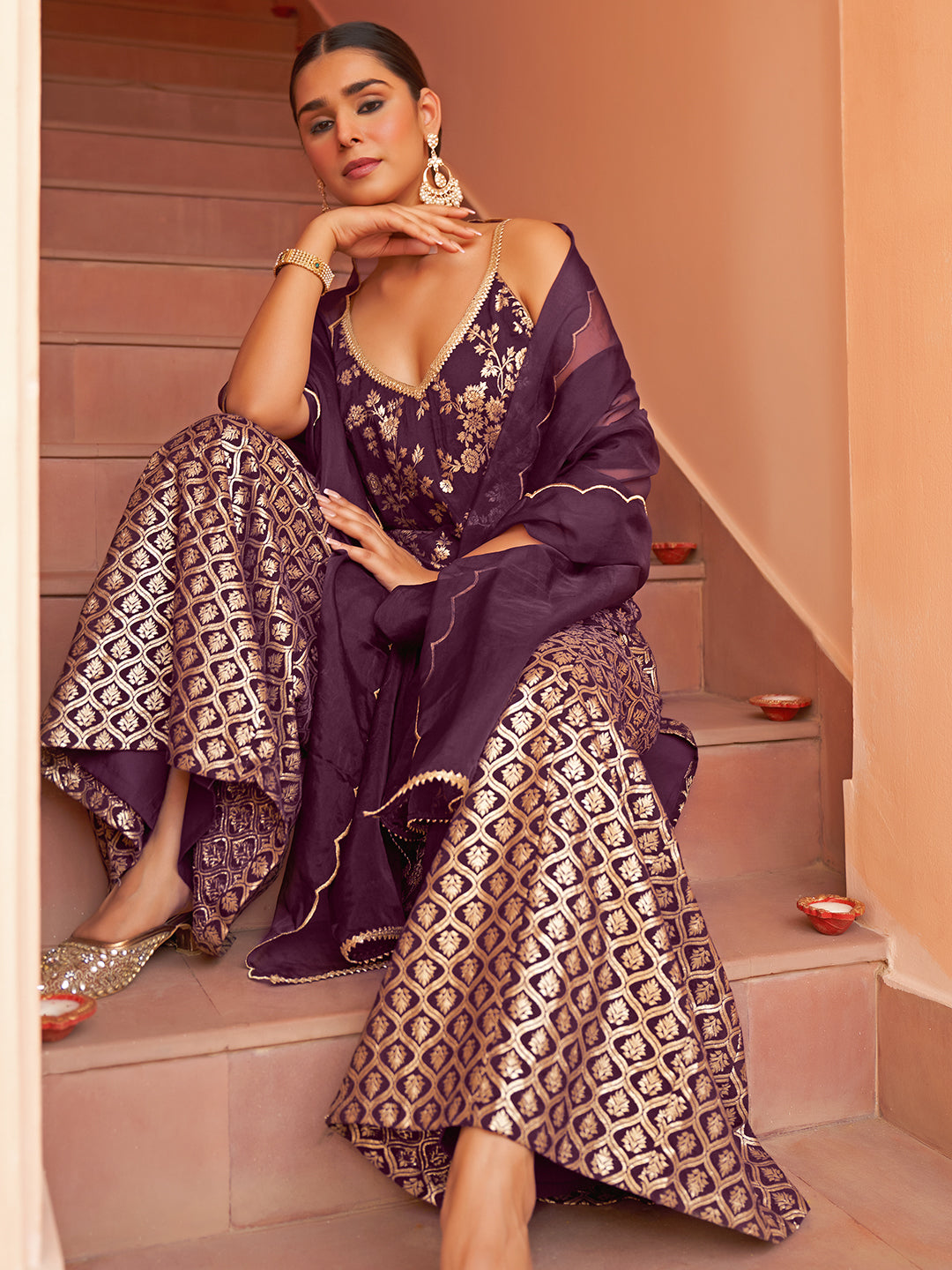 Janasya Women's Purple Brocade Woven Design Festive Straight Kurta Set | Grocsy