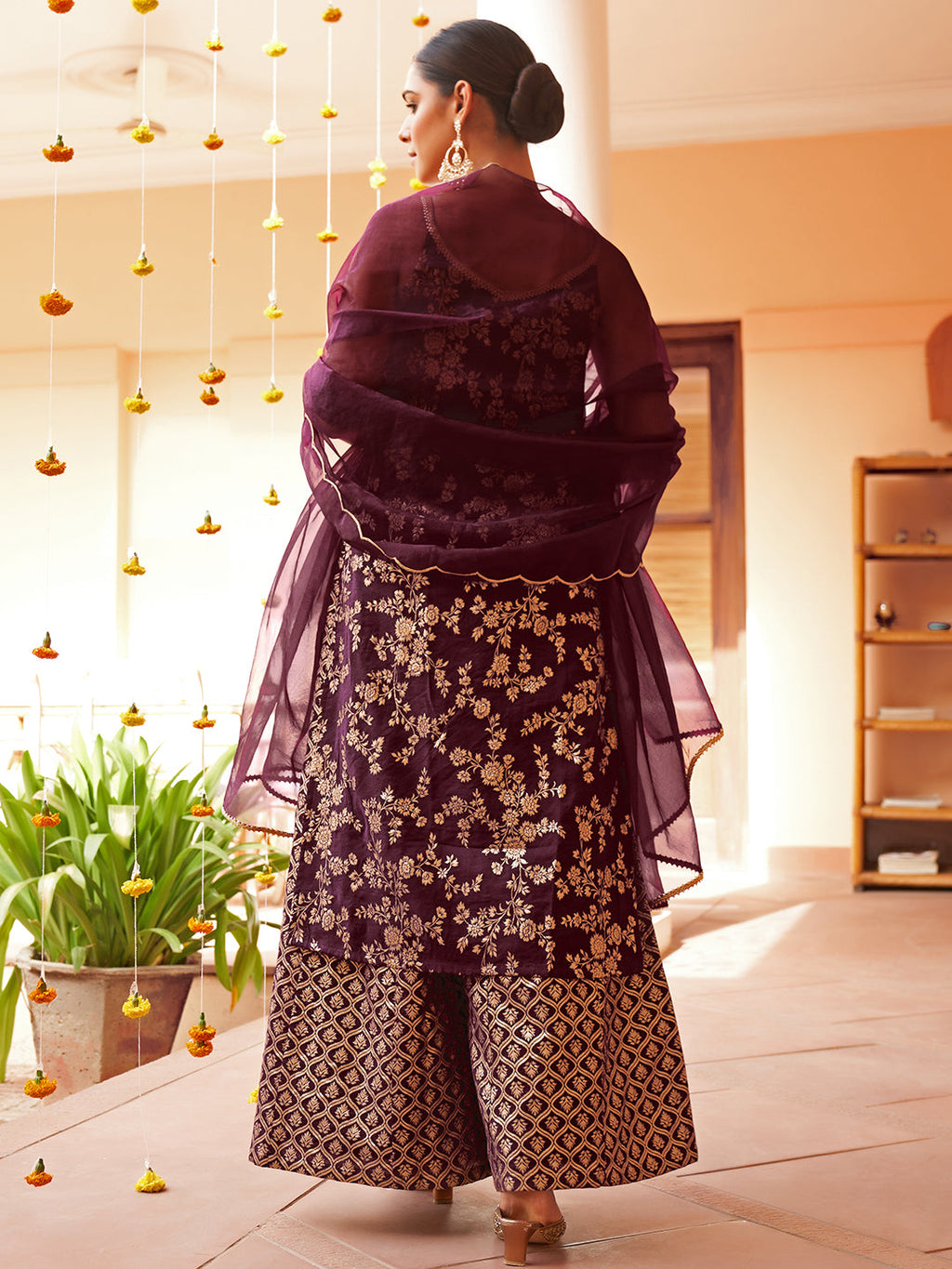 Janasya Women's Purple Brocade Woven Design Festive Straight Kurta Set | Grocsy