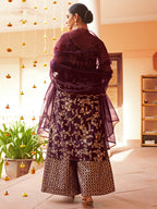 Janasya Women's Purple Brocade Woven Design Festive Straight Kurta Set | Grocsy