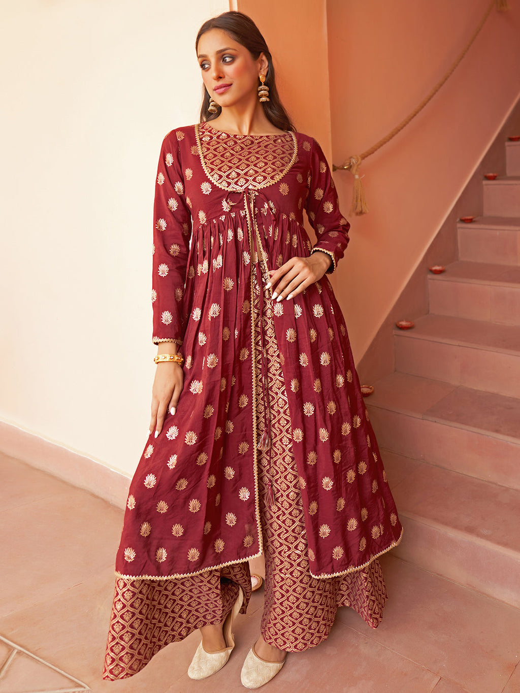 Janasya Women's Maroon Brocade Woven Design Festive Crop Top Set | Grocsy