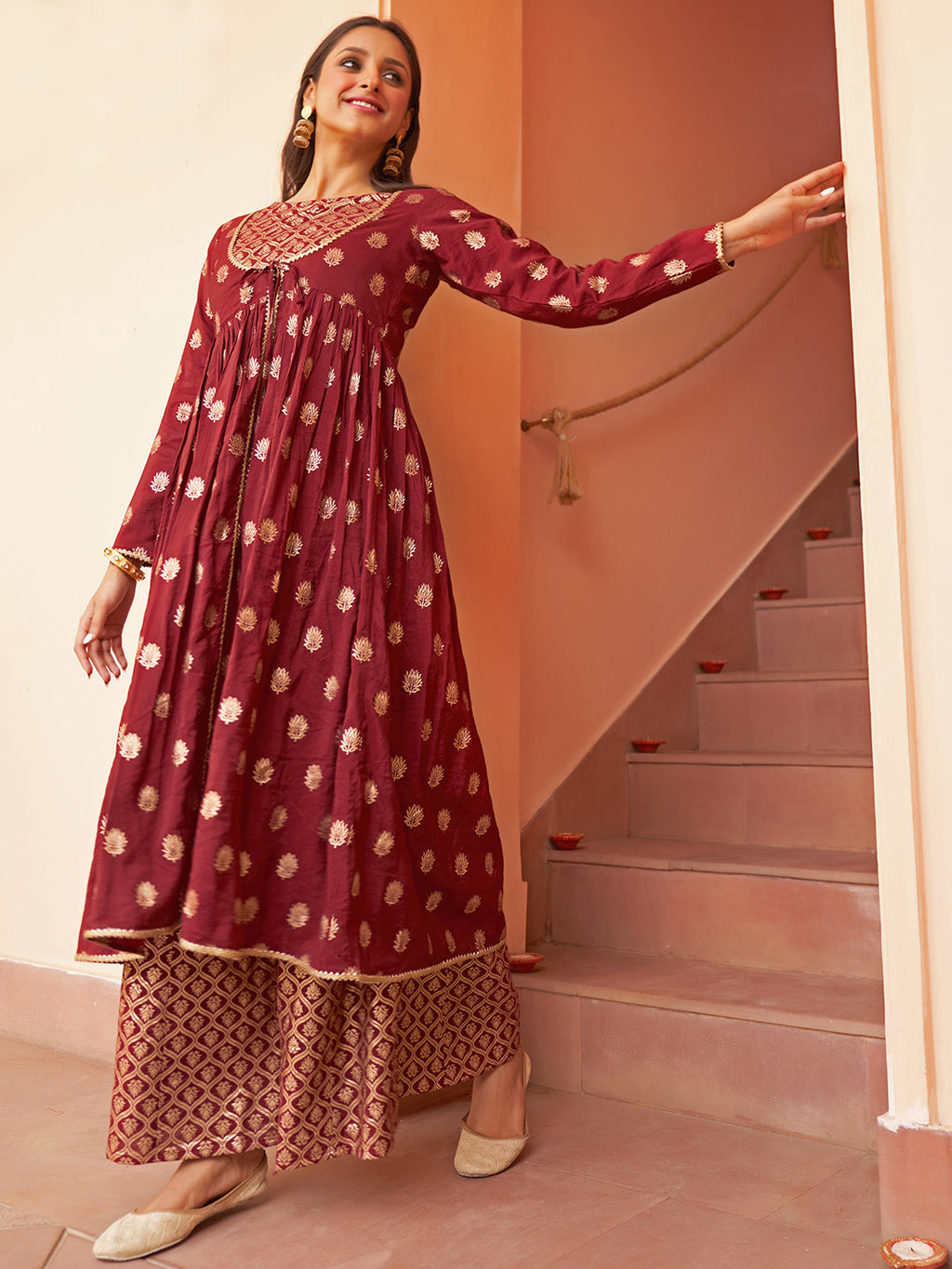 Janasya Women's Maroon Brocade Woven Design Festive Crop Top Set | Grocsy