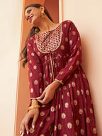 Janasya Women's Maroon Brocade Woven Design Festive Crop Top Set | Grocsy