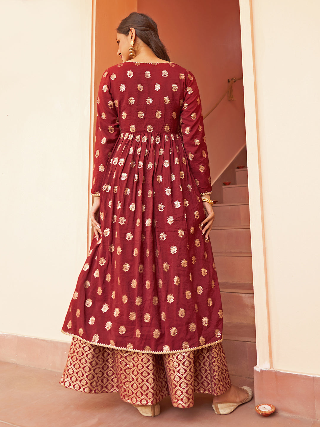 Janasya Women's Maroon Brocade Woven Design Festive Crop Top Set | Grocsy