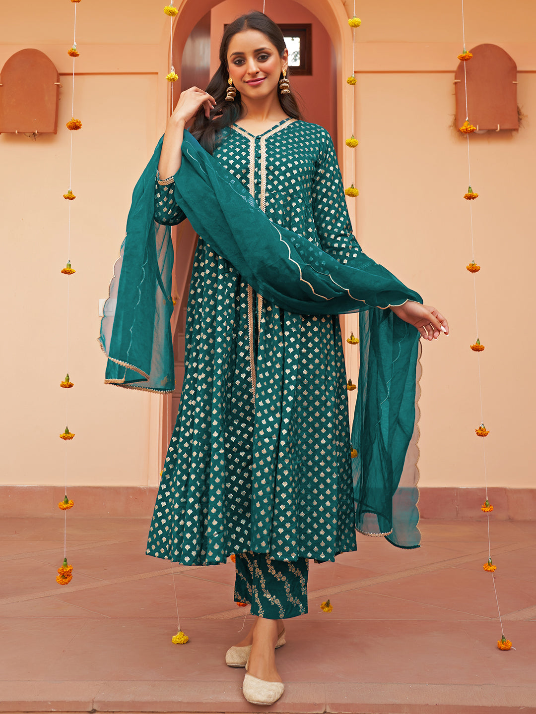 Janasya Women's Teal Brocade Woven Design Festive A-line Kurta Set | Grocsy