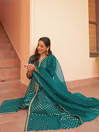Janasya Women's Teal Brocade Woven Design Festive A-line Kurta Set | Grocsy