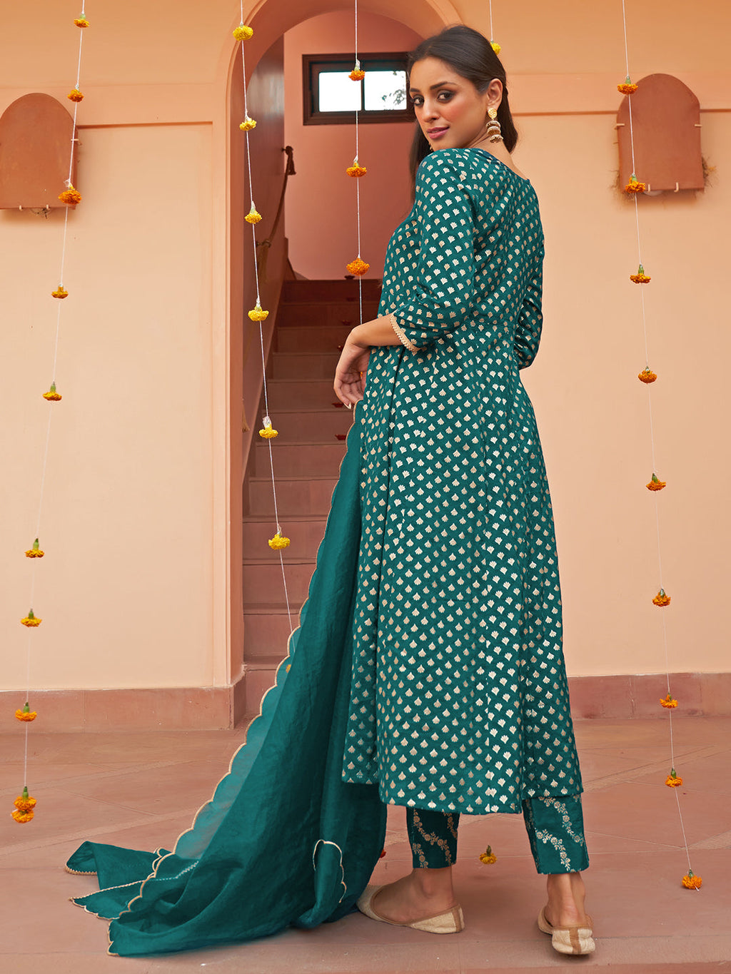 Janasya Women's Teal Brocade Woven Design Festive A-line Kurta Set | Grocsy