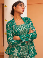 Janasya Women's Rama Green Brocade Woven Design Festive Crop Top Set | Grocsy