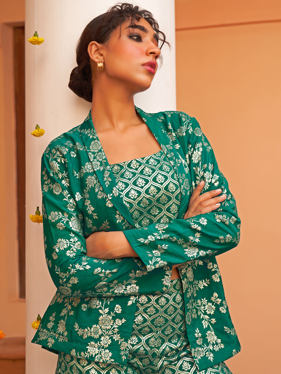 Janasya Women's Rama Green Brocade Woven Design Festive Crop Top Set | Grocsy